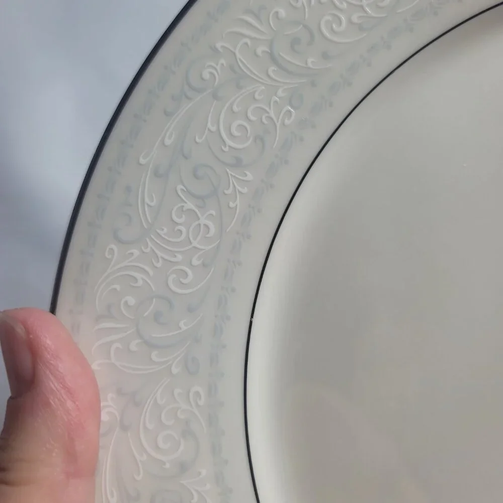 TWO Noritake Trudy Dinner Plates Ivory with Blue & White Scrolls 7087